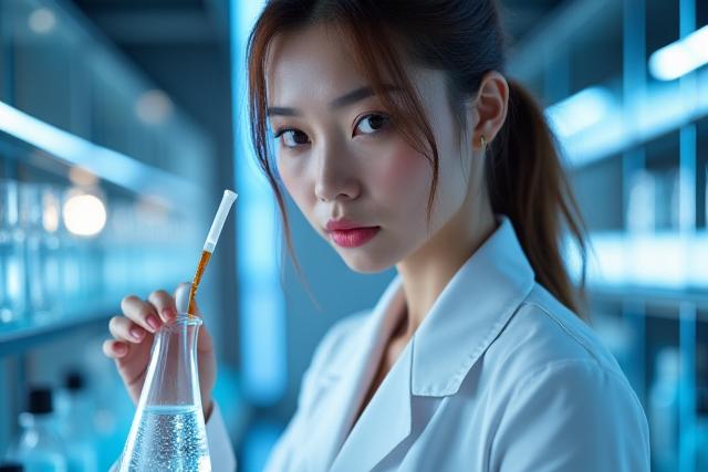 Photo inspirante d'un scientifique travaillant dans un laboratoire de cosmétiques, ambiance haut de gamme et innovante