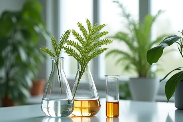 Une plante luxuriante à côté d'un bécher et d'un tube à essai en laboratoire, symbolisant le mariage de la nature et de la science dans la beauté responsable.